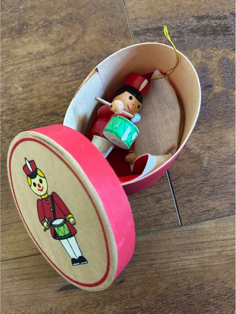 Vintage Wooden Toy Soldier Drum Ornament in Decorative Box